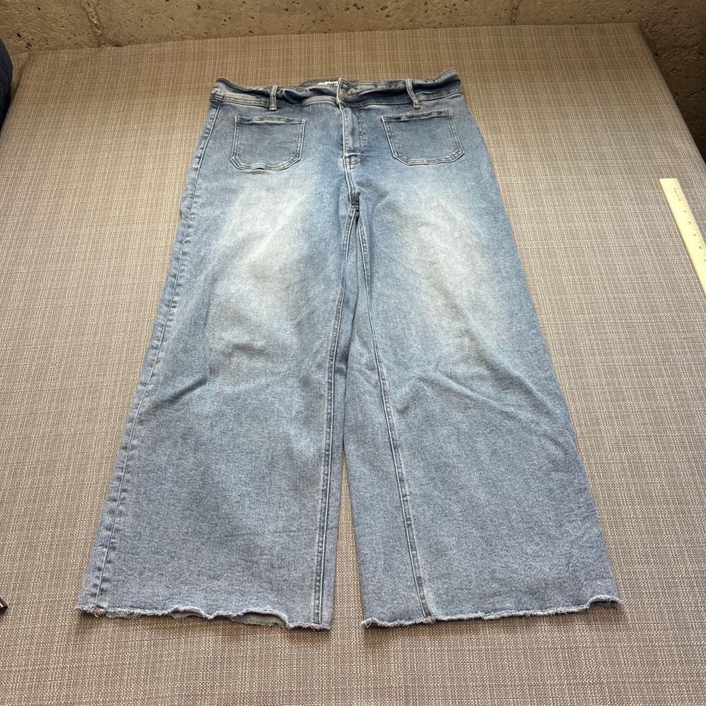 Wide Leg Croppped Jeans Womens 32 Raw Hem High Rise Boho‎ Mica